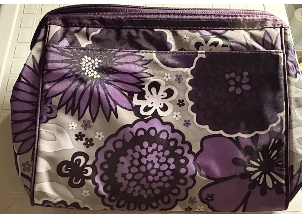 Thirty-One Purple Floral Makeup Bag with Zipper and Inner Pockets